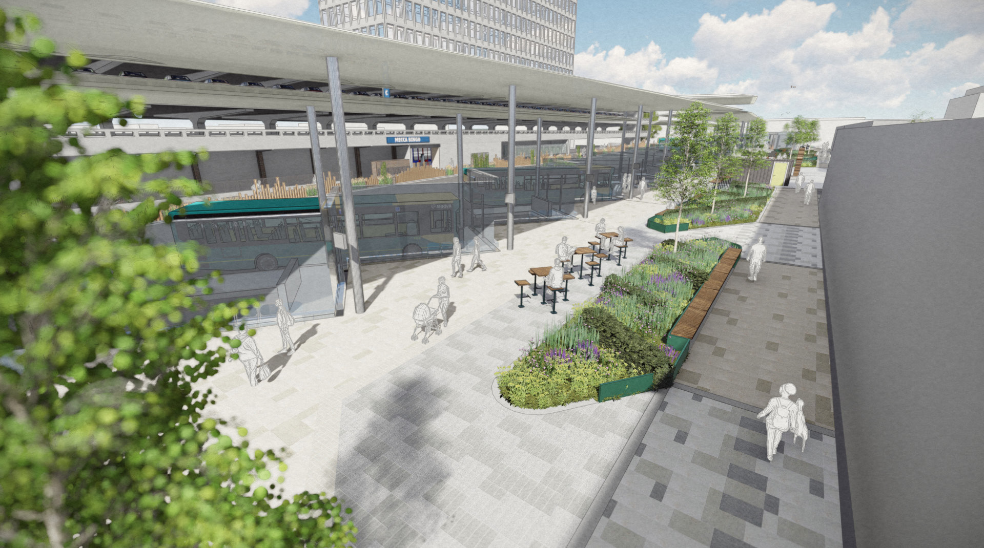 Proposed Harlow Bus-Station-Concourse featuring covered area and trees.