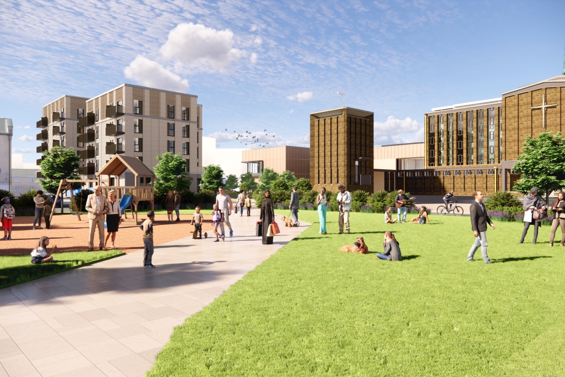 Regenerated Harlow Town Centre, green area and pocket park in College Square