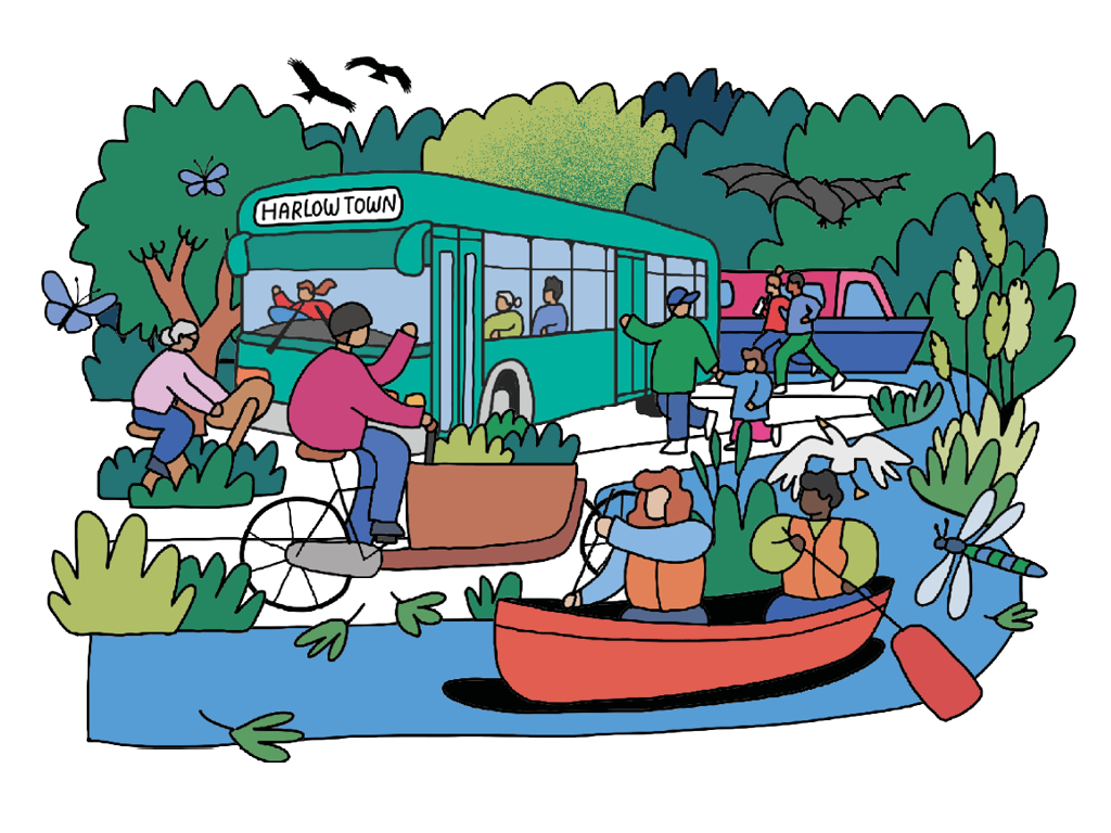 Artist impression of active travel on and around the River Stort
