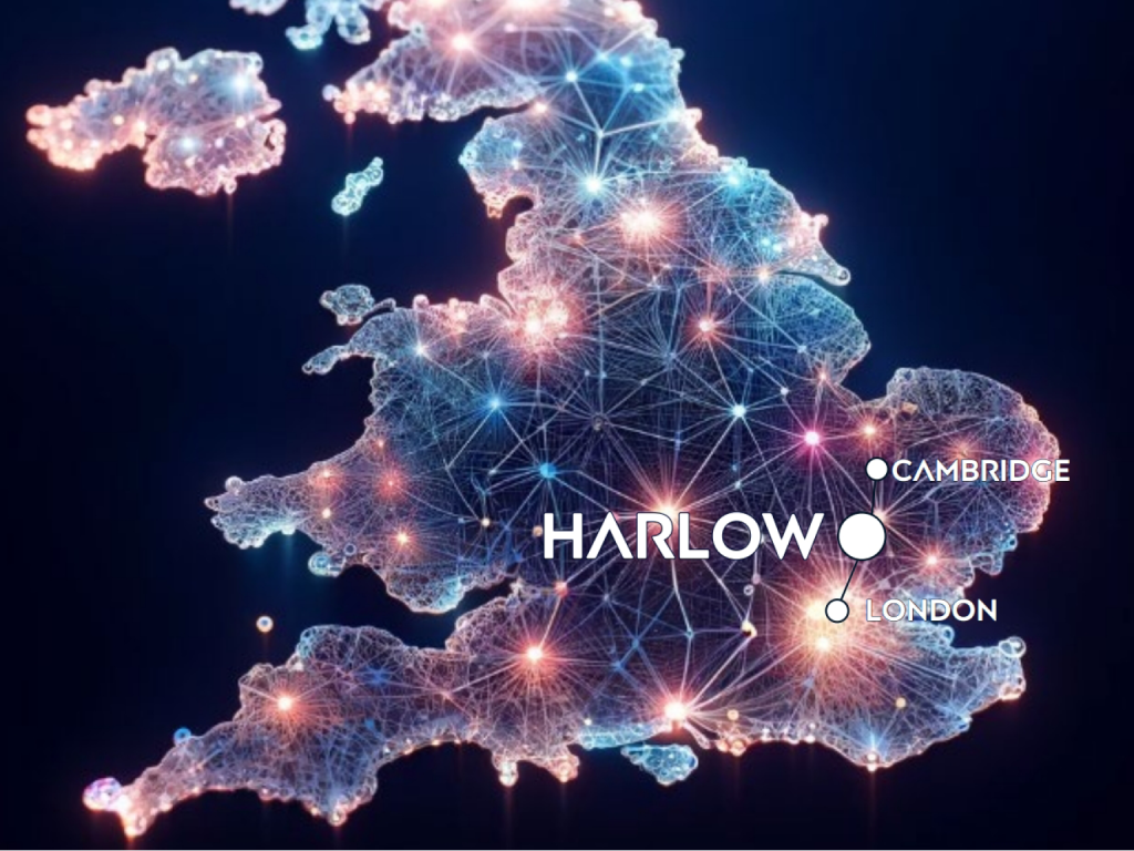 UK map showing the Innovation Corridor, London connecting to Harlow and Cambridge
