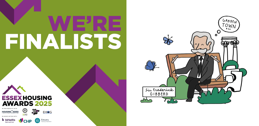 Essex Housing Awards "We're Finalists" banner alongside cartoon of Sir Fredrick Gibberd
