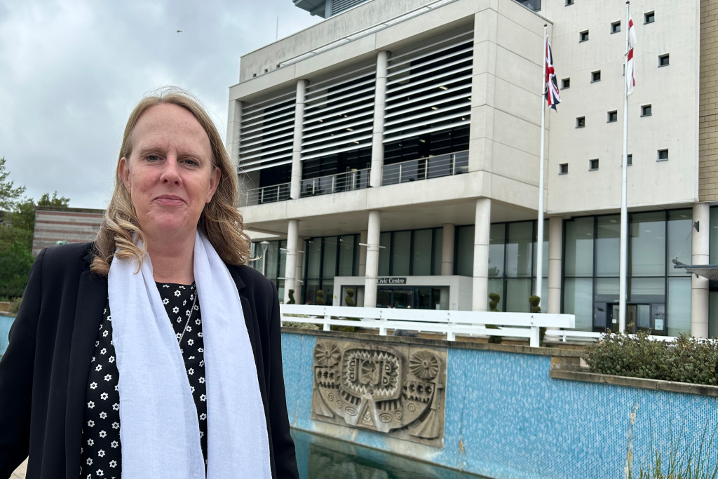 Paula Hirst outside Harlow Council's Civic Centre Centre in the Water Gardens