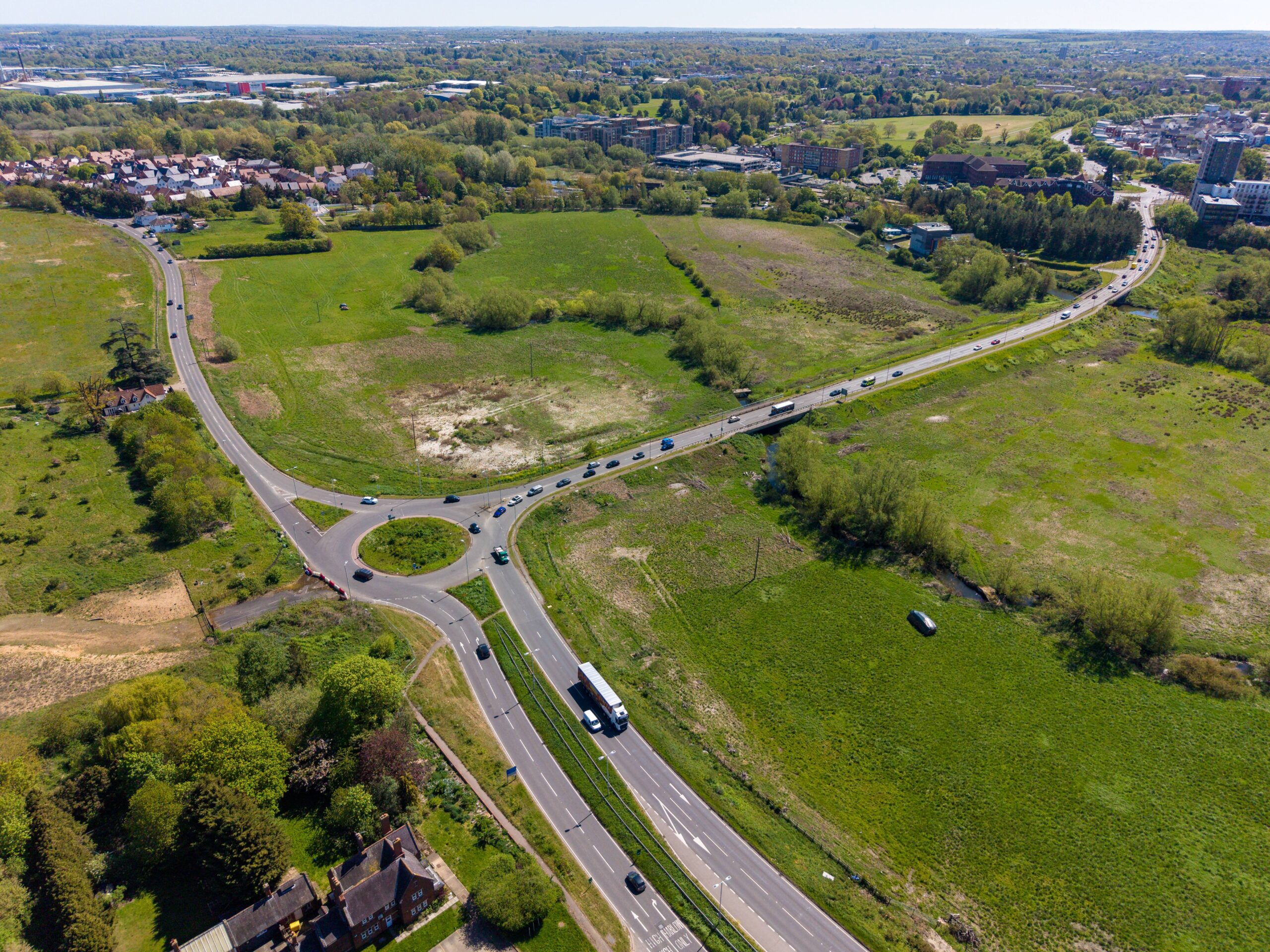 Aerial shot of Eastwick roundabout from above the A414