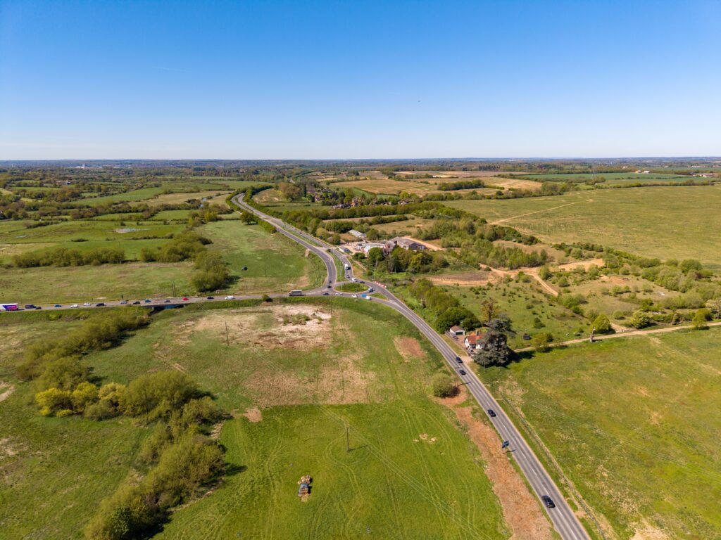 Birdseye view of Eastwick Road looking towards the roundabout and the A414 to Hertford